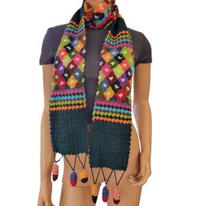 Handmade Y2K Crochet Granny Square Scarf Black Multi Color Tassels WOOL 70"